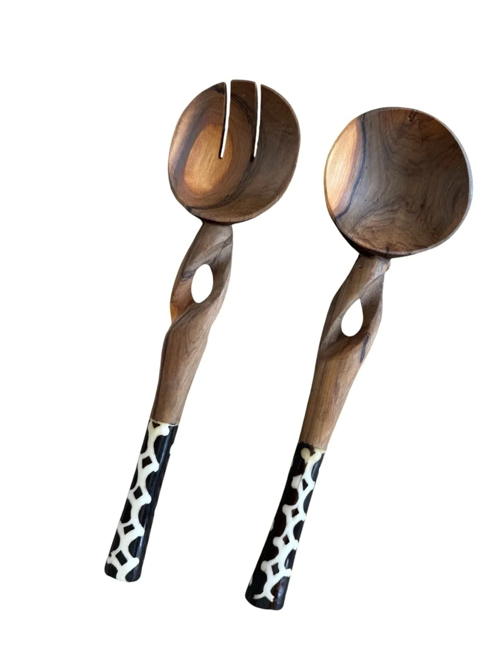 Handcrafted Brown Wood Salad Serving Set with Black & White Patterned Handles